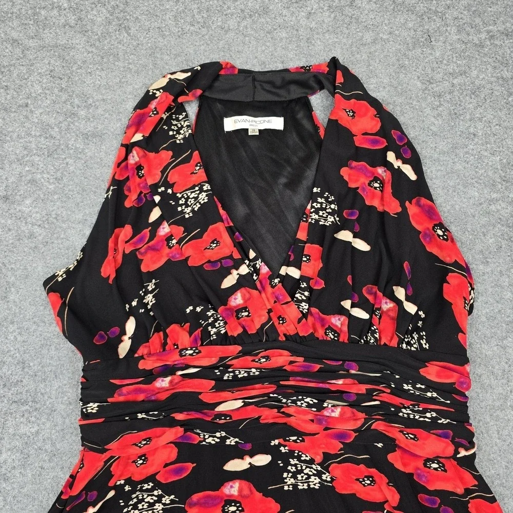 Evan Picone Dress Womens 16 Black Floral Halter Ruched Fit & Flare Midi Sundress
